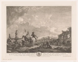 Krajobraz z postaciami przy fontannie La Fontaine du Triton (tytuł na obiekcie) Odbitki według obrazów Philipsa Wouwermana (tytuł serii) Oeuvres de Ph.pe Wouwermans Hollandois (tytuł serii)