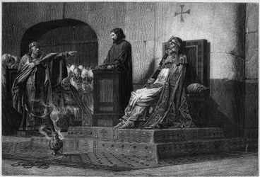 Papież Formozus i Stefan VII. Synod trupi, 897: ciało papieża Formozusa (papież od 891 do 896), w szatach pontyfikalnych, przedstawione przed zgromadzeniem synodalnym, któremu przewodniczył papież Stefan VI lub VII (papież od 896 do 897), co doprowadziło