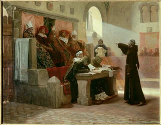Albigeoise Inquisition: „Agitator Langwedocji Bernarda Delicieux (1260-1318), franciszkańskiego mnicha podczas procesu”. Miejsce sądu: w pierwszym rzędzie pośrodku, naprzeciw Bernarda Delicieux, wielkiego inkwizytora otaczają dwaj zakonnicy, z tyłu