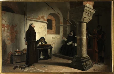 Bernard Delicieux (1260-1319) przed trybunałem Inkwizycji - Obraz Jean Paul (Jean-Paul) Laurens (1838-1921), olej na płótnie, ok. 1881, 79x121 cm - (Bernard Delicieux przed Trybunałem Inkwizycji, Olej na płótno Jean Paul Laurens) - Sta