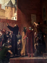 Delivrance des emmbures de Carcassonne W sierpniu 1303 r. mieszkańcy Carcassonne i Albi przybywają, by wyrwać z lochów Inkwizycji wielu więźniów, których trzymali - Bernard Delicieux próbuje powstrzymać tłum, który bawił jego przemówieniami - Reformator