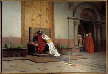 Ekskomunika Roberta II Pobożnego w 998 roku. Król Francji, syn Hugona Kapeta, zakochuje się w swojej kuzynce Bercie Burgundzkiej i poślubia ją mimo dezaprobaty papieża Grzegorza V, który również nakłada na niego ekskomunikę. Jean Paul Laurens (1838-1921)
