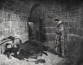 Zemsta papieża Urbana VI (1318-1389) - papież Urban VI torturuje i każe zniknąć własnym kardynałom - rycina Laurensa