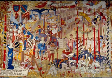 Scena turniejowa z końca XIV wieku. Gobelin przeznaczony do dekoracji sali publicznej Archives Nationales w Paryżu, według kartonu namalowanego przez artystę Jean-Paula Laurensa (1838-1921).
