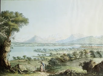 Widok Mont Blanc z Genewą na pierwszym planie, ryty przez Jean Philippe Linck II (1770-1812) i Jacob Philippe Hackert (1737-1807)