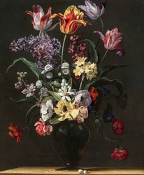 Tulipany, lilie, żonkile, bzy i inne kwiaty w szklanym wazonie na drewnianej półce, jedna z par, XVII w.