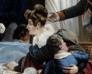 Śmierć Napoleona, 5.05.1821 w Saint Helenedetail przedstawiający Fanny Bertrand, żonę Henri Gatien Bertrand (1773-1844). Litografia Jeana Pierre