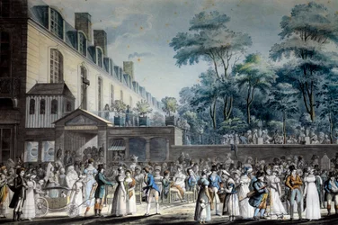 Widok na Paryż: promenada ogrodu tureckiego. Litografia Jean Pierre Marie Jazet (1788-1871)