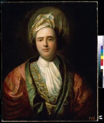 ""Portret aktora w orientalnym stroju scenicznym"" (Portret aktora) Nosi turban. Obraz Jeana Ranca (1674-1735) XVIII-wieczne Muzeum Sztuki Michaiła Kroszyckiego, Sewastopol (Sewastopol) Ukraina