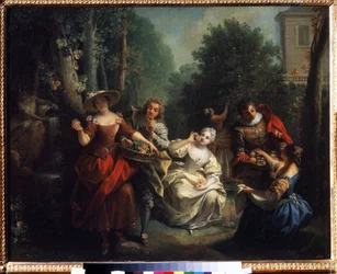 Pięć zmysłów: ""Le dna"" (Smak) młodzi ludzie arystokracji degustacji owoców. Obraz Jeana Raoux (1677-1734) 1725-1735 Muzeum Puszkina, Moskwa