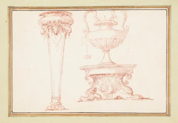 Oprawiony rysunek, wazon i lampa na stojaku, w Dessins d