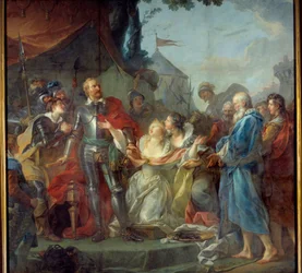 Oblężenie Calais w 1347 r. było pożegnaniem Eustachego św. Piotra, najbardziej znanego z sześciu mieszczan Calais, który udał się do króla Anglii Edwarda III, aby wyprosić łaskę dla mieszkańców Calais (sierpień 1347). Obraz Jeana Simona