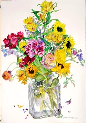 Słoneczniki, Godecja, Alstroemeria, Ranunculus