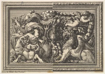 Projekt panelu z dwoma wariantami zawierającymi hipokamp i gryf, z: Ornements..., 1651.
