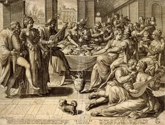 Dinner by Jan Sadeler I (1550-1600), engraving