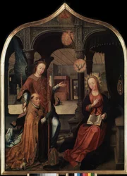 „Reprezentacja Zwiastowania z patronem Guillaume Brukseli” Panel centralny tryptyku Zwiastowania (Zwiastowanie). Obraz na drewnie Jeana Bellegambe Starszego (1470-1534) Sankt Petersburg, Ermitaż