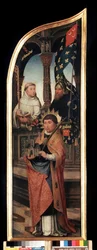 „Reprezentacja św. Wilhelma z Brukseli, św. Bernarda z Clairvaux (San Bernardo di Chiaravalle)” Prawy panel tryptyku Zwiastowanie (Zwiastowanie). Obraz na drewnie Jeana Bellegambe Starszego (1470-1534) Sankt Petersburg, m