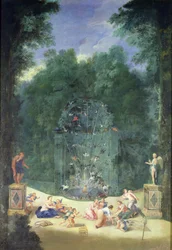 Gaje wersalskie: widok wejścia do labiryntu z ptakami, nimfami i cherubinami, 1688