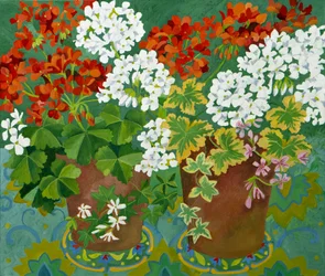 Czerwone i białe pelargonie w doniczkach, 2013 (akryl na płótnie)