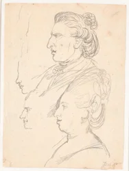 Portrety profilowe królowej Karoliny Matyldy, J.F. Struensee i Enevold Brandt, a także szkic, prawdopodobnie autorstwa samego Juela. Wszyscy w profilu po lewej