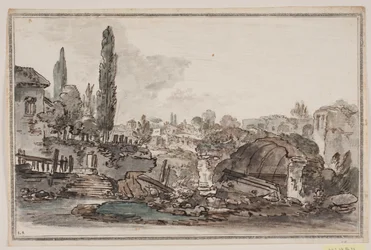 Perspektywa z wysokimi drzewami, budynkami i ruinami