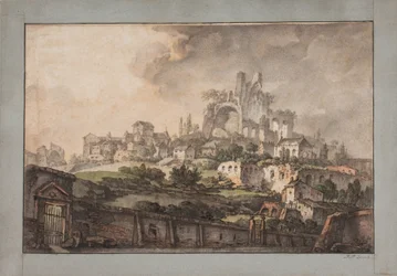 Perspektywa rzymska z murem na pierwszym planie, kościołem i ruiną w tle