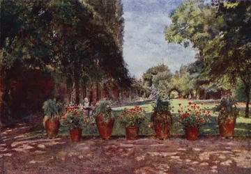 Kelmscott House, Widok domu i ogrodu, patrząc w stronę rzeki (kolor lito)