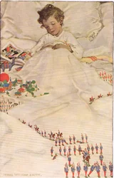Dziecko w łóżku, z „Ogrodu wersetów dziecka” Roberta Louisa Stevensona, opublikowane 1885 (kolor lito)