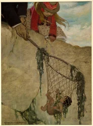 Czuł, że sieć jest bardzo ciężka, z pubu The Water Babies Charlesa Kingsleya. 1916 (kolor lito)