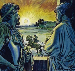 Aleksander był w stanie dosiadać Bucefała, ognistego rumaka (kolorowa litografia)