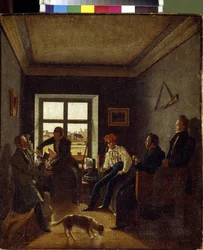 Siódma wieczorem (wieczór literacki). Obraz Evgrafa Fiodorowicza Krendowskiego (1810-po 1853), olej na płótnie, ok. 1820 r. Sztuka rosyjska