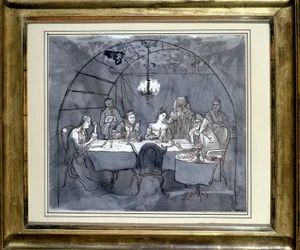 Fête des Cabanes w restauracji Kasher przez rodzinę Mosesa Ulmanna. Rysunek na papierze, pranie długopisem 1831 35,5 x 31,3 cm. (JM 189) Muzeum Żydowskie Bazylea, Szwajcaria.