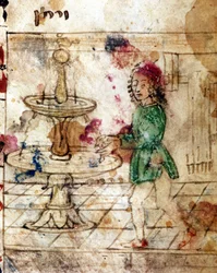 Judaizm: rytualna ablucja. Miniatura zaczerpnięta ze strony Machazora w języku hebrajskim. XV wiek. Biblioteca Palatina, Parma