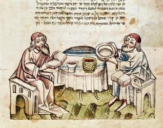Judaizm: „”dwóch rabinów świętuje Wielkanoc z odprawą sederu”” Miniatura z Mahzoru (modlitewnik w języku hebrajskim) XV-wieczna Parma, Biblioteca Palatina