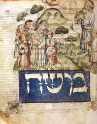 Mojżesz otrzymuje tablice Prawa (a Mojżesz pisze po hebrajsku). Miniatury z XIV-wiecznej Biblii hebrajskiej. Muzeum Hebrajskie