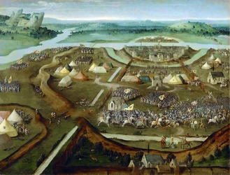 Wczesna sztuka niderlandzka: La bataille de Pavie - Bitwa pod Pavia par Patinier (Patenier ou Patinir), Joachim, wyznawca , ok. 1530. Olej na drewnie, 31x41. Muzeum Historii Sztuki, Wiedeń
