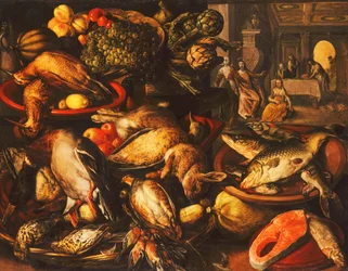 Dziczyzna, ryby, owoce i warzywa w koszach i miskach w spiżarni, 1569