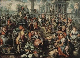 Scene de marche avec Ecce Home, la bicellation et le Christ portant sa Croix - Scena targowa z Ecce Homo, biczowaniem i dźwiganiem krzyża, autorstwa Beuckelaera, Joachima (ok. 1533-1574). Olej na drewnie