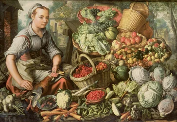 Martwa natura z owocami, warzywami i kobietą targową, 1564