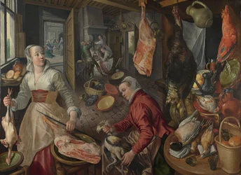 Cztery Żywioły: Ogień. Scena kuchenna z Chrystusem w domu Marty i Marii w tle - autorstwa Beuckelaer (Beuckelaer), Joachim (1533-1574) - 1569 National Gallery, Londyn