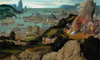 Wczesna sztuka niderlandzka: Męczeństwo św. Katarzyny par Patinier, Joachima (ok. 1480-1524), przed 1515. Olej na drewnie, 27,8x44,8. Muzeum Historii Sztuki, Wiedeń