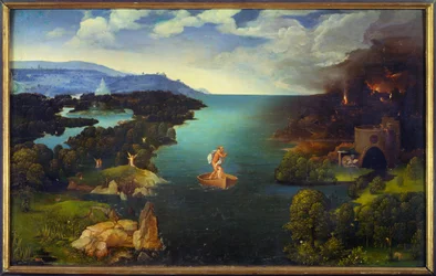 Przejście Styks Charon (Caron) na jego łodzi w Zaświatach. Obraz Joachima Patinira (Skater) (1485-1524) (ec.flam.) Słońce 0,64x1,03 m Madryt, musee du prado
