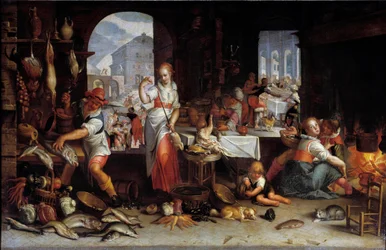 Kobieta kręci kurczaka w wypełnionej jedzeniem kuchni. Obraz Joachima Wtewaela (1556-1638) Nd. 0,63x1m²