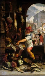 Szczegół „”Scena kuchenna z przypowieścią o uczcie”” Mężczyzna przygotowuje ryby. Obraz Joachima Wtewaela (1556-1638) Nd. 0,63x1 m Paryż, Muzeum Luwru.
