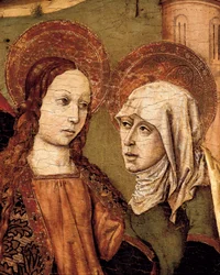 Ołtarz Nawiedzenia, Dziewica spotyka Elżbietę, detal, ok. 1488-1516 (tempera na drewnie)