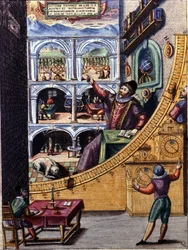 Duński astronom Tycho Brahe (1546 - 1601) w swoim obserwatorium w Uranienburgu - kolorowa grafika autorstwa Atlas Major Ssive oraz kosmografowane Blavania labores i sumptibus autorstwa Johannisa Blaeva