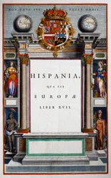 Hispania quae est Europae, księga XVII, strona tytułowa tomu IX, z Atlas Maior, atlas w 11 tomach, Joan Blaeu (1596-1673), miedzioryt, 57,5x39 cm, Amsterdam