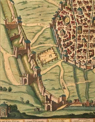 Mapa Bolonii, z Teatru Miasta Włoch, detal Joan Blaeu, rycina