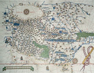 Mapa Azji, w tym Armenii, Iranu, Afganistanu, z różą wiatrów, szczegółami portów, wybrzeży i szlaków morskich, w Atlas de Joan Martines