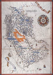 Mapa Półwyspu Arabskiego, z różą wiatrów i szczegółami portów i wybrzeży morskich, w Atlas de Joan Martines
